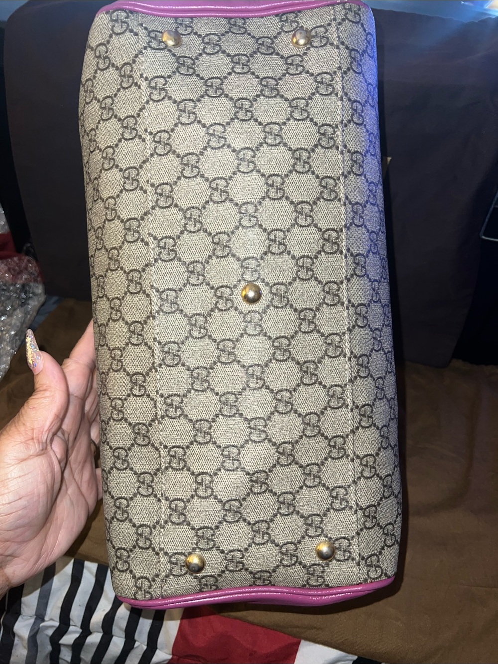 Gucci Beige GG Canvas Satchel with Pink Trim and Red 35 with strap - Picture 9 of 15